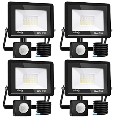 Imagen de Blivrig 4PCS 30W Focos LED Exterior con Sensor de Movimiento Blanco Cálido 3000K, 3000LM Brillante Foco Luces Detector IP66 Impermeable, Iluminación Seguridad para Garaje, Patio, Terraza