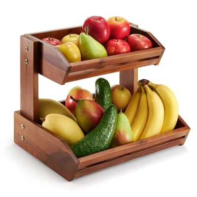 Imagen de HOLANA Cesta de frutas madera acacia, cuenco 2 niveles para encimera cocina, grande 14 x 10 pulgadas, almacenamiento y verduras (2 niveles)