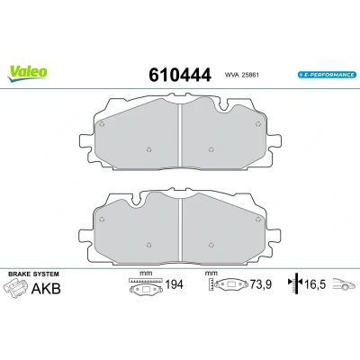 Imagen de Valeo E PERFORMANCE, Pastillas de freno, 610444, Sef 4 pastillas, Eje delantero, Totalmente equipadas con accesorios montados y no montados, Valeo, Experto en frenado desde 1923