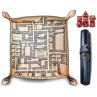 Imagen de Power Beast Dungeon Tablero y Bandeja para Tirar Lanzar Dados con Mapa + Juego de 7 rol, D&amp;D, Tapete Dados, Dungeons and Dragons, Dragones Mazmorras, DND, Poliedricos.