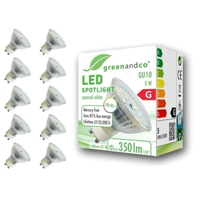 Imagen de 10x Spot LED greenandco® IRC90+ GU10 4000K 110 5W (corresponde a 41W) 350lm SMD 230V AC, sin parpadeo, no regulable