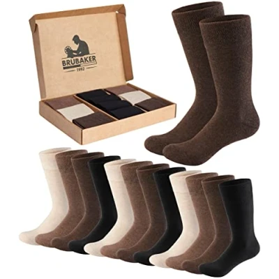 Imagen de BRUBAKER 10 Pares de Calcetines Confort y Negocios para Hombre en Caja Regalo Juego Grandes Algodón Finos Suaves Mezcla Colores Negro, Marrón Beige Talla 39 42