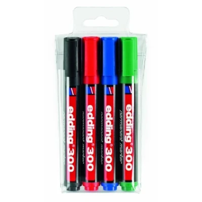 Imagen de edding 300 marcador permanente negro, rojo, azul, verde 4 rotuladores punta redonda 1,5 3 mm resistente al agua, de secado rápido,rotuladores indelebles para cartón,plástico,vidrio,madera