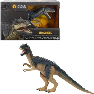 Imagen de Mattel Jurassic World Colección Hammond Alosaurio Figura de acción dinosaurio, diseño película primera categoría con ojos cristal y cola cable, 19 puntos articulación, JCG13