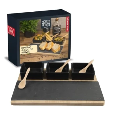 Imagen de Moritz &amp; juego de cuencos negro incl. cuchara, tabla servir y plato pizarra como para tapas, mojar, aperitivos tapas