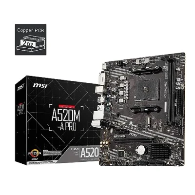 Imagen de MSI Placa Base para Juegos A520M A Pro (AMD Ryzen 5000, AM4, DDR4, PCIe 3.0, SATA 6Gb/s, M.2, USB 3.2 Gen 1, DVI/HDMI, Micro ATX)
