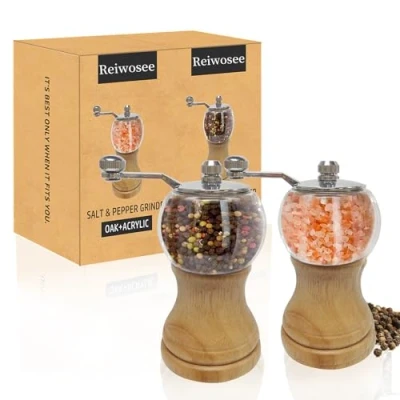Imagen de Reiwosee Molinos De Pimienta, Molinillo Sal Y Madera Maciza Con Cerámica Ajustable Fuerte, 2PCS Clásico Conjunto Pimienta a Mano, Material Ep Acrílico
