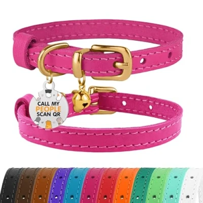 Imagen de CBROSEY BronzeDog Collar de Piel para Gato con Hebilla latón, Ajustable, la Marca, Gatos, Color Negro, marrón, Rosa, Morado, Rojo, Turquesa