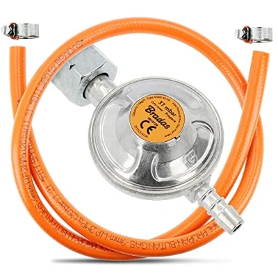 Imagen de BRADAS® Regulador de gas, reductor presión 37 mbar, 1,5 kg/h, con manguera gas 1 m longitud + 2 abrazaderas propano butano, juego conexión para barbacoa, camping,