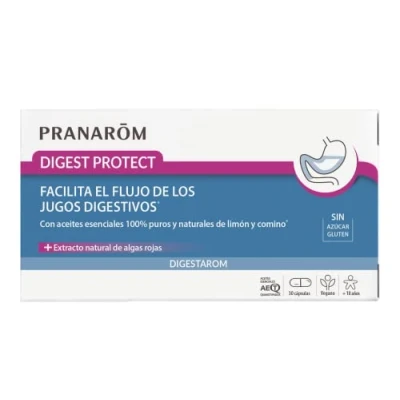 Imagen de PRANAROM Digestarom Digest Protect Apoya el flujo de jugos digestivos Aceites esenciales limón y comino 100% puros naturales Extracto natural algas rojas Vegano 30 cápsulas