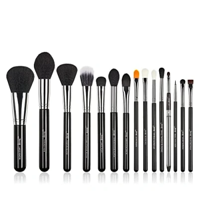 Imagen de Jessup Juego de brochas maquillaje, 15 piezas, maquillaje base, base polvo, sombra ojos, delineador labios (negro/plata) T092