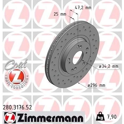 Imagen de ZIMMERMANN SPORT COAT Z 280.3176.52 Disco de freno 296 25 9/5 5 114 ventilación interna, perforado revestido HONDA: ACCORD 8, 8 Kombi