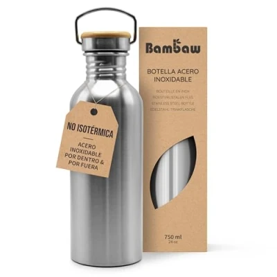 Imagen de Bambaw Botella Agua Acero Inoxidable 750ml Reutilizable No Térmica Metálica Fácil De Limpiar BPA Free portátil Camping