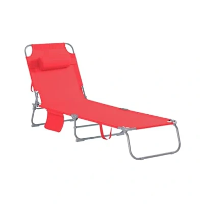 Imagen de SoBuy Tumbona Plegable de Jardín, Silla Playa con Almohada y Bolsillo Lateral, Reclinable para Patio, Camping, Playa, Rojo, 155x56x81cm, OGS35 R