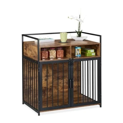 Imagen de Relaxdays Jaula para Perros Tipo Mueble, Armario con Balda, 2 Puertas, Rejilla Mascotas, 85x80x54 cm, Marrón/Negro, Tablero de Fibras, 85 x 80 54 cm