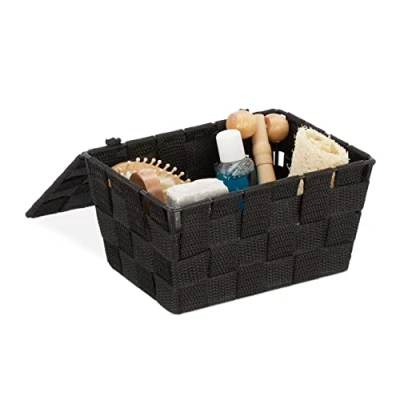 Imagen de relaxdays Caja de almacenaje con tapa, Cesta almacenamiento, PP, 10,5 x 19,5 14,5 cm, 1 Ud., Negro