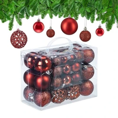 Imagen de Relaxdays Set 50 Bolas Navidad, Decoración Navideña Mate, Brillante, Reluciente, Adorno Árbol, 3 Tamaños, Rojo