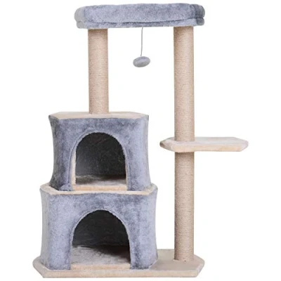 Imagen de PawHut Árbol Rascador para Gatos de 92 cm Torre Mediano con 2 Cuevas Bola Colgante y Postes Rascar Centro Actividad Gris