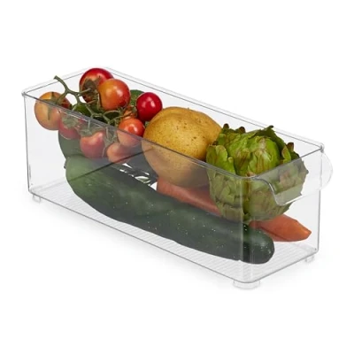 Imagen de Relaxdays Organizador Nevera, Cajón Frigorífico con Asas, Caja Almacenaje Cocina, Bandeja, 10,5x10x30,5 cm, Transparente, 1 Pieza