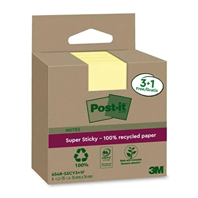 Imagen de Post it Super Sticky Notas Recicladas, 3 Blocs/Paquete + 1 GRATIS, 70 Hojas por Bloc, 76 mm x mm, Amarillo Extra Adhesivas Fabricadas con Papel 100% Reciclado