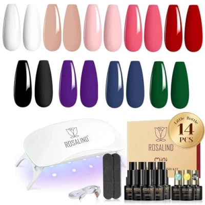 Imagen de ROSALIND Kit Uñas Semipermanentes con UV LED Lámpara, Mini 14PCS Esmaltes de Inicio, 9 Colores Negro Blanco Rojo Rosa Verde Morado Soak off Pintauñas