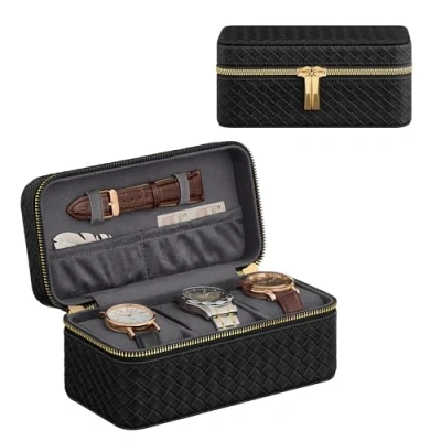 Imagen de SONGMICS HOME RONNE Colección Caja para 3 Relojes de Viaje, Ranuras, Tejido PU Repujado, 10 x 20 9 cm, Idea Regalo, Superficie Negro Tinta y Forro Gris Pizarra JWB017G01