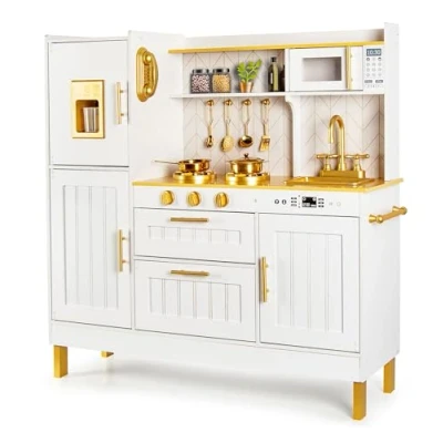 Imagen de Leomark Cocina Infantil de Madera Grande/Oro con microondas, Dim: 98,5 x 30 98 cm Accesorios Dorados, exclusivos y Bonitos