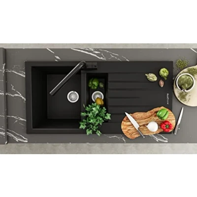 Imagen de Realstone Fregadero empotrable de granito, 100 x 50 cm, color negro