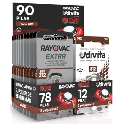 Imagen de 90 Pilas para aparatos acústicos Rayovac Extra Advanced 312. Pilas: 78 + 12 Udivita