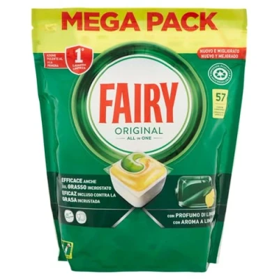Imagen de Fairy Detergente pastillas para lavavajillas brillante, 57 cápsulas lavavajillas, original limón, acción de limpieza al primer lavado, eficaz sobre grasa incrustada con brillante