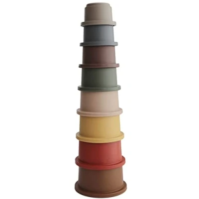 Imagen de mushie Juguete de Vasos Apilables Torre Apilamiento con 8 Tazas para Bebés y Niños Fabricado en Dinamarca Accesorio Entrenamiento Seguro Durable sin BPA Retro