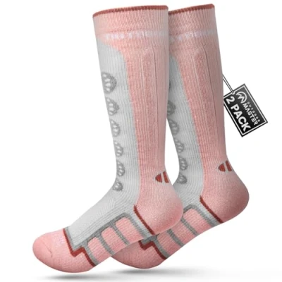 Imagen de OutdoorMaster calcetines de esquí para niños, paquete 2 térmicos compresión invierno lana merino, puños antideslizantes sobre la pantorrilla esquí, snowboard, patinaje
