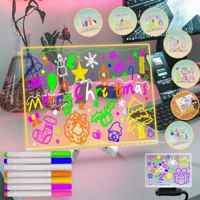 Imagen de Fanrui pizarra de mensajes escritura LED acrílica 11.8 x 7.9 pulgadas con luz, tablero acrílico brillante borrado en seco 7 bolígrafos, tableta notas, cartas, garabatos,