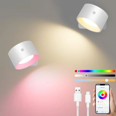 Imagen de Diealles Shine Smart Aplique Pared Interior 2 Piezas, Lampara Recargable, Regulable Apliques de Giratoria 360, RGB y Ambiente, Aplicación Control Táctil, Blanco