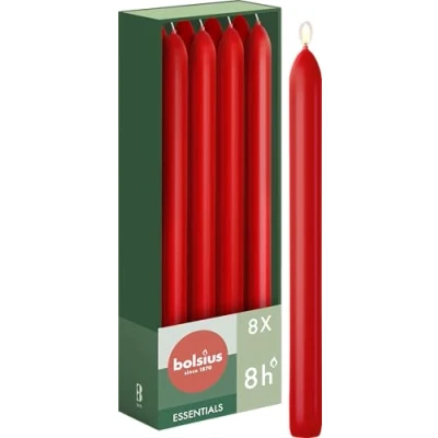 Imagen de Bolsius Velas cónicas para cena Color Rojo 8 unidades 23 cm Larga duración de combustión horas sin perfume 25% cera vegana natural aceite palma Valentin