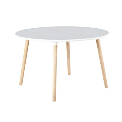 Imagen de Nordika, Mesa Extensible Redonda de Comedor, Circular Salón o Cocina, Acabado en Blanco y Haya, Medidas: 100 140 180 cm (Largo) x (Ancho) 75 (Alto)
