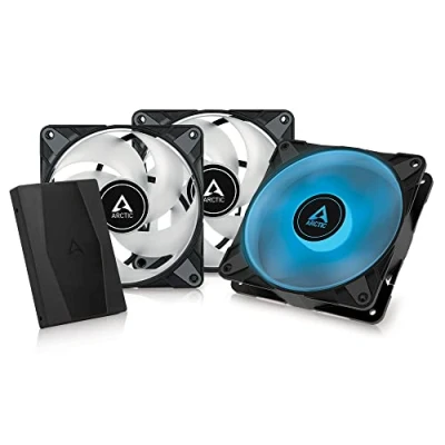 Imagen de ARCTIC P12 PWM PST RGB (3 Piezas, Incl. Controller) Ventilador PC 120mm, Fan de Caja con presión estática optimizada, Semipasivo: 2002000 RPM, LED 12V y 4 Pines Negro