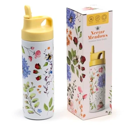 Imagen de Puckator Botella térmica reutilizable de acero con pajita y apertura Flip Top 500 ml Api Nectar Meadows 24 horas frío 12 caliente
