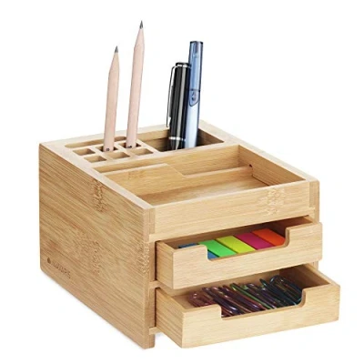 Imagen de Navaris Organizador de escritorio con cajones Accesorio sobremesa para almacenaje accesorios oficina Caja bambú 12.7 x 15 9.4 CM