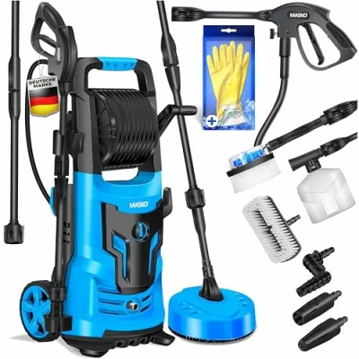 Imagen de Masko® Limpiadora de Alta presión 2200 W 165 Bar 450 l/h, con Carrete 10m Manguera 9.pcs. Juego Accesorios, Botella jabón Boquilla Espuma, Pistola