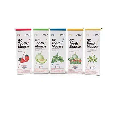 Imagen de GC Tooth Mousse Pasta ES dientes fresa, vainilla, menta, melón, tutti frutti, Set ESgustación (5 x 40 g)
