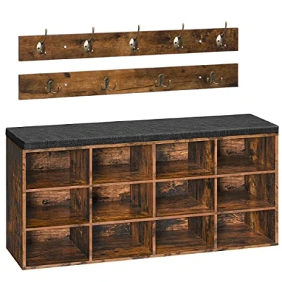 Imagen de HOOBRO Banco Zapatero con Asiento, Perchero para Vestíbulo, 9 Ganchos, de Almacenaje 12 Compartimentos, Organizador Entrada, Adecuado Pasillos, Dormitorios Marrón Rústico EBF112HX01G1