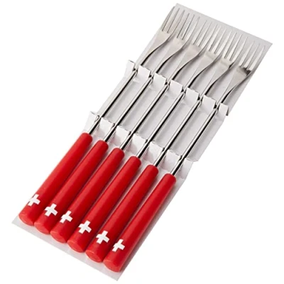 Imagen de Kuhn Rikon Tenedores para Fondue de Queso con Cruz Suiza 6 Piezas, Acero Inoxidable, Plata/Rojo, 26.5 x 1.5 cm
