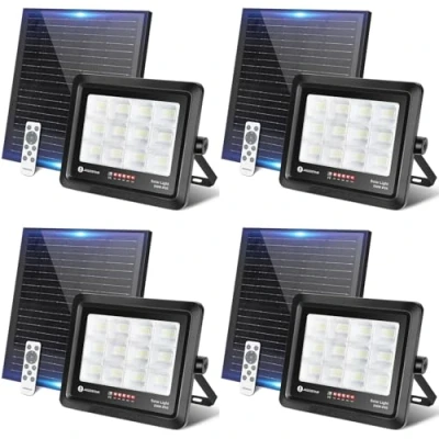 Imagen de Aigostar Foco Proyector LED Solar con mando a distancia 200w 4 piezas, Blanco Frío 6500K, Exterior Impermeable IP65,Proyector Brillo y Sincronización ajustables para Jardín