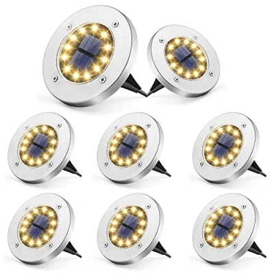 Imagen de GIGALUMI luces solares de suelo, 12 LED, paquete 8 en el para camino, terraza, lámpara paisaje césped, patio, piscina y patio (blanco cálido)