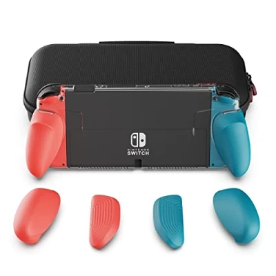 Imagen de Skull &amp; Co. GripCase OLED Bundle for Nintendo Switch Model: A Dockable Transparent Protective Case with Interchangeable Grips [to fit All Hands Sizes] [with Carrying Case] Neon Blue+Neon Red