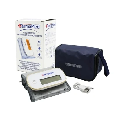 Imagen de Tensiómetro digital sin cable para el brazo FarmaMed, esfigmomanómetro brazo, diastólica y sistólica, frecuencia cardiaca, 90 memorias, pantalla LCD, carga USB, con estuche