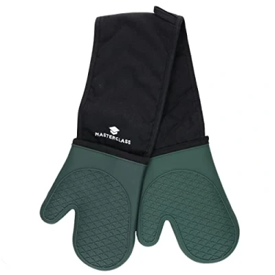 Imagen de MasterClass guantes de silicona para horno, resistentes al calor con relleno algodón, antideslizantes doble cara cocinar y hornear, sin BPA, negro/verde oscuro