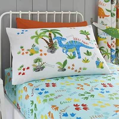 Imagen de Happy Linen Company Sábana Bajera Ajustable Doble Azul con diseño de Dinosaurios Dinky para niñas y niños