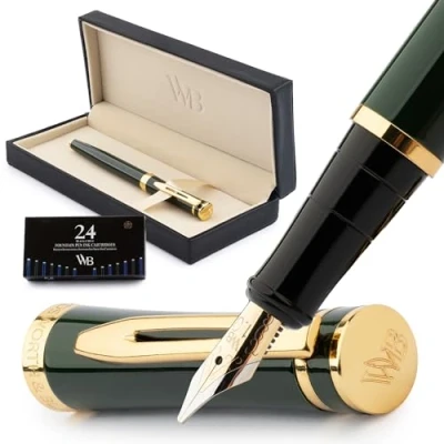 Imagen de Wordsworth &amp; Black Juego de plumas estilográficas, punta ancha dorada 18 quilates, 24 cartuchos tinta, convertidor recarga y estuche regalo, para caligrafía, verde competición